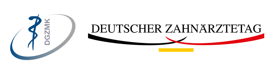 Das DGZMK-Logo mit einem blauen Caduceus auf der linken Seite und der Aufschrift „DEUTSCHER ZAHNÄRZTETAG“ in schwarzen Buchstaben mit stilisierten schwarzen, roten und gelben Linien, die an die deutsche Flagge erinnern, auf der rechten Seite.